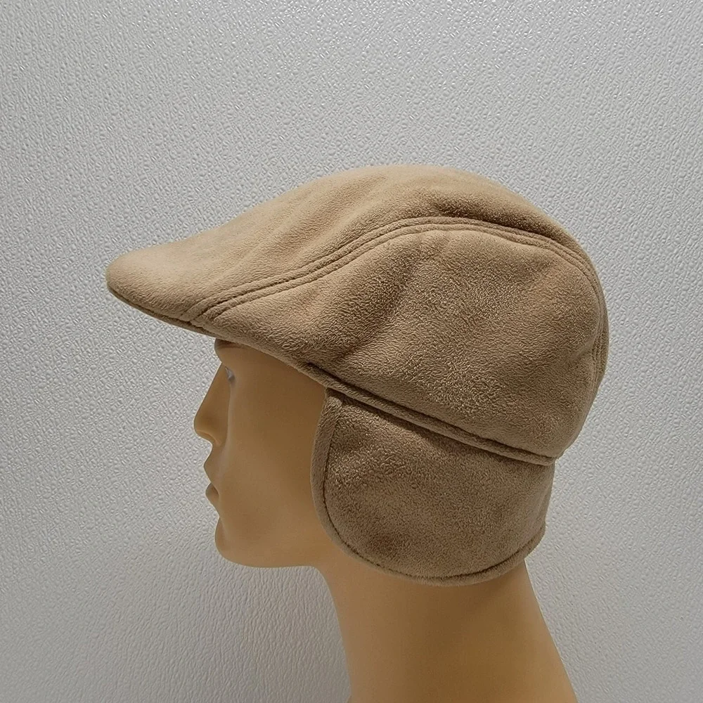 D & Y, NY Tan Faux Suede Winter Newsboy Cap Ear Flaps Soft